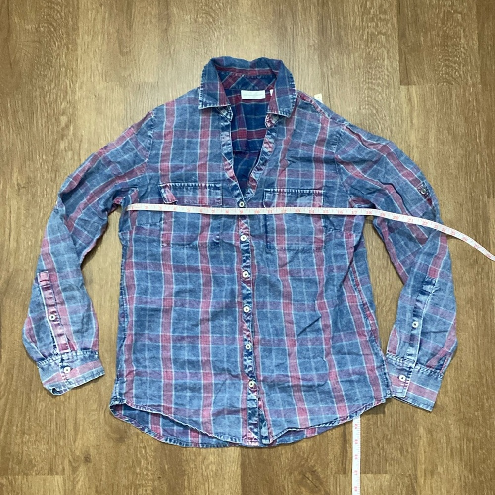 New York & Company denim Flannel Red Blue Plaid Acid Wash Metallic Button